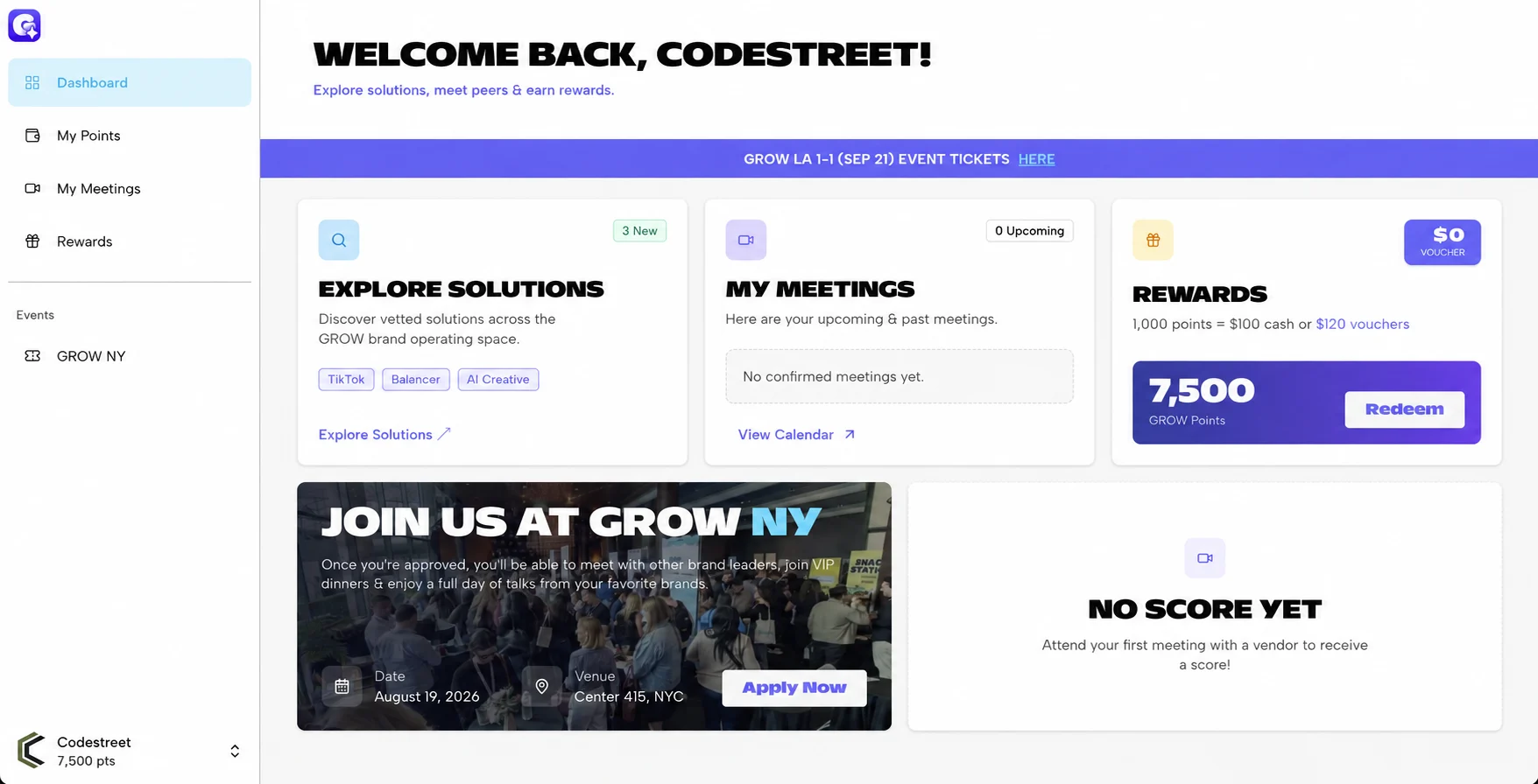 GROW Discover member dashboard with vendor solutions, upcoming meetings, a GROW points rewards balance, and an event invitation