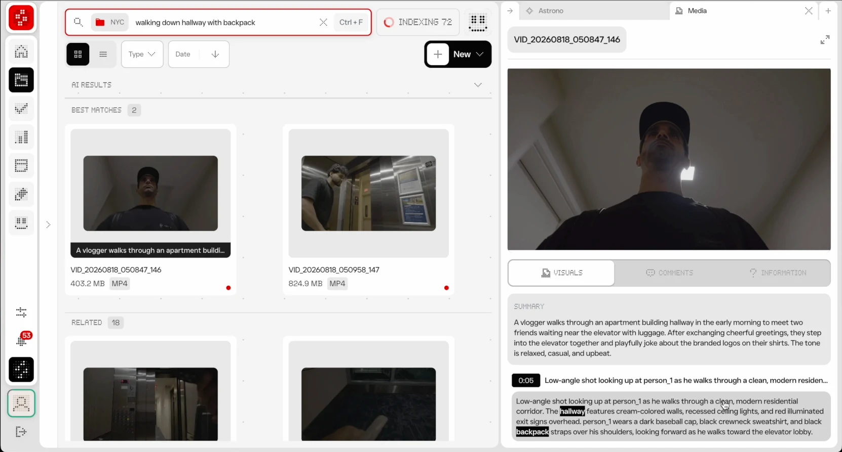 Soontra library search for “walking down hallway with backpack” returning two matching clips, with a video preview and an AI-written summary